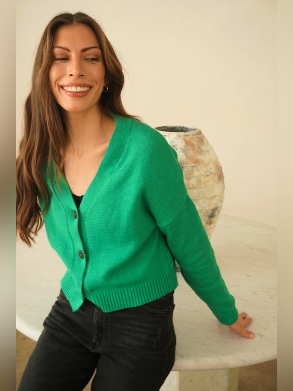 SIMKHAI Ailany Ribbed-Knit Shrunken Cardigan in a Kelly green